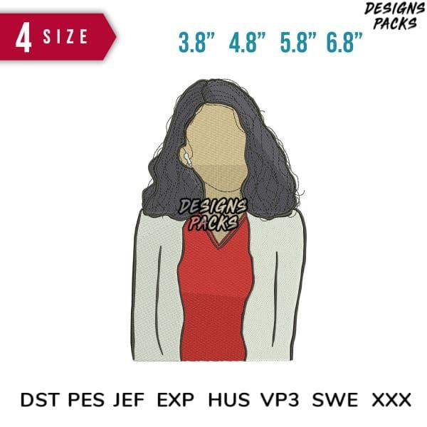 Embroidery design of woman with wavy hair in red top, available in 4 sizes & formats like PES, DST, EXP