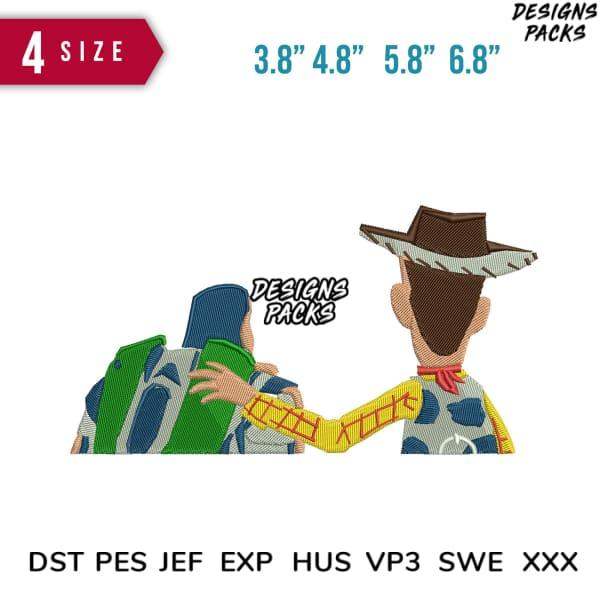 Woody & Buzz Lightyear embroidery design in 4 sizes, compatible with DST PES JEF formats for machine embroidery