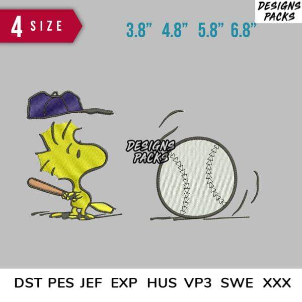 Embroidery design of Woodstock with baseball bat and ball, 4 sizes, DST PES JEF formats