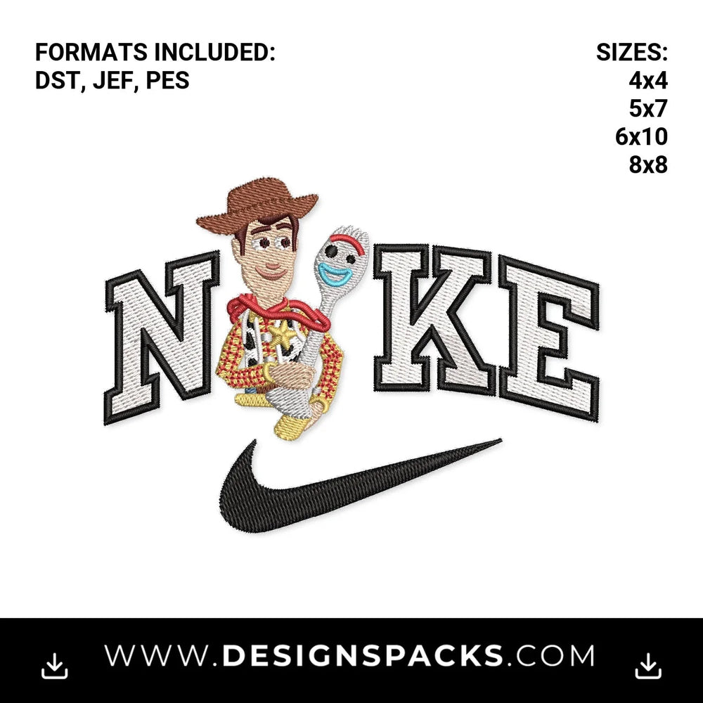 Woody and Forky Athletic Swoosh Embroidery Design - Instant digital download pattern at Designspacks.com