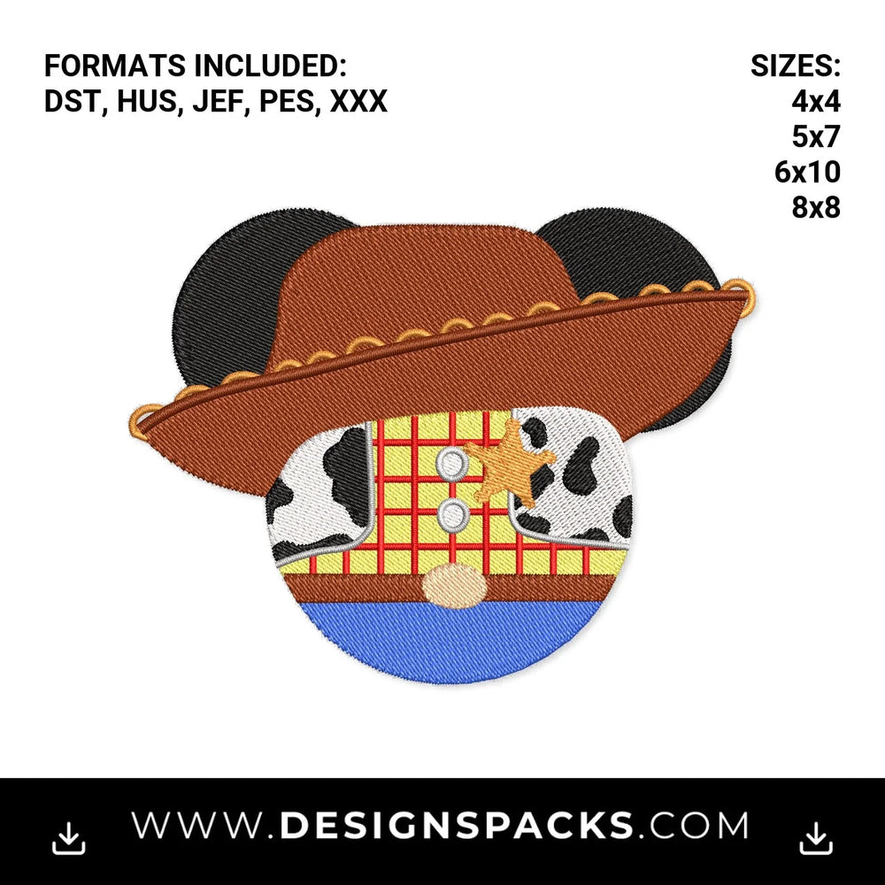 Woody Cowboy Sheriff Mouse Ears Embroidery Design - Instant digital download pattern at Designspacks.com