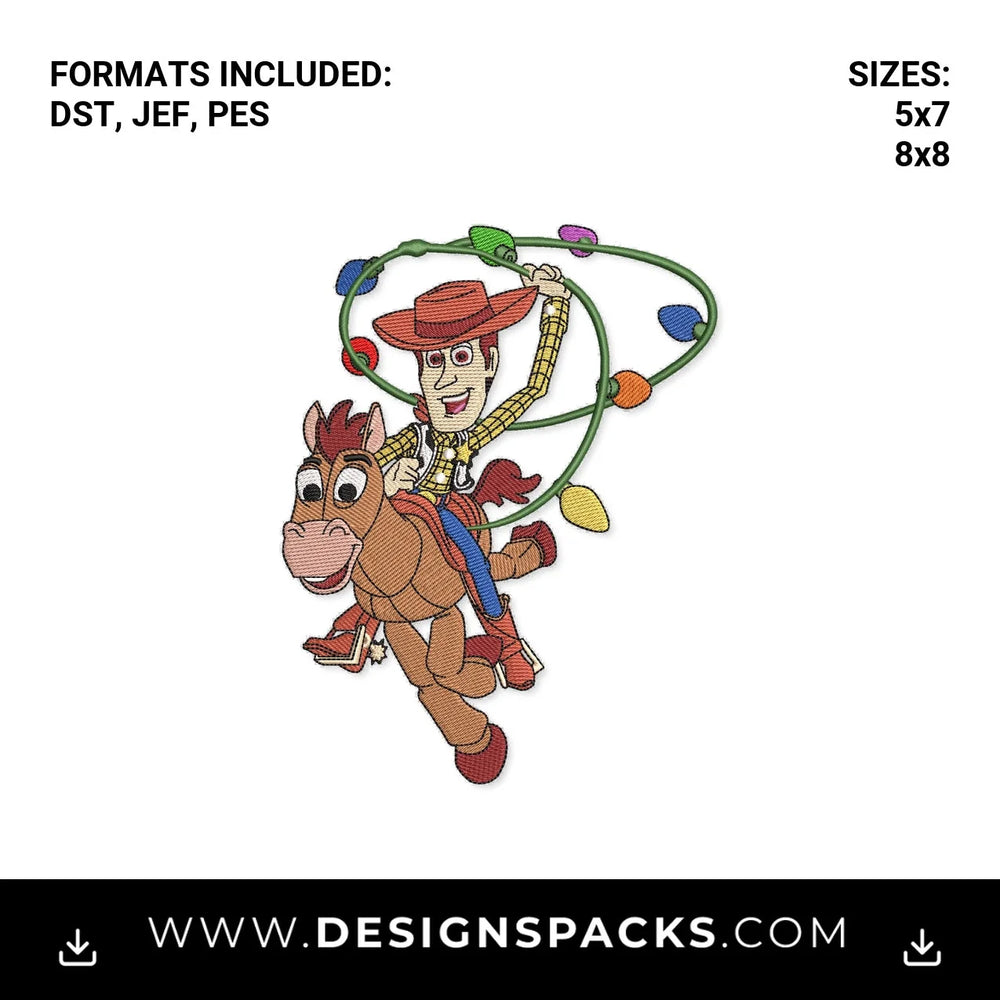 Woody Riding Bullseye Christmas Lights Embroidery Design - Instant digital download pattern at Designspacks.com