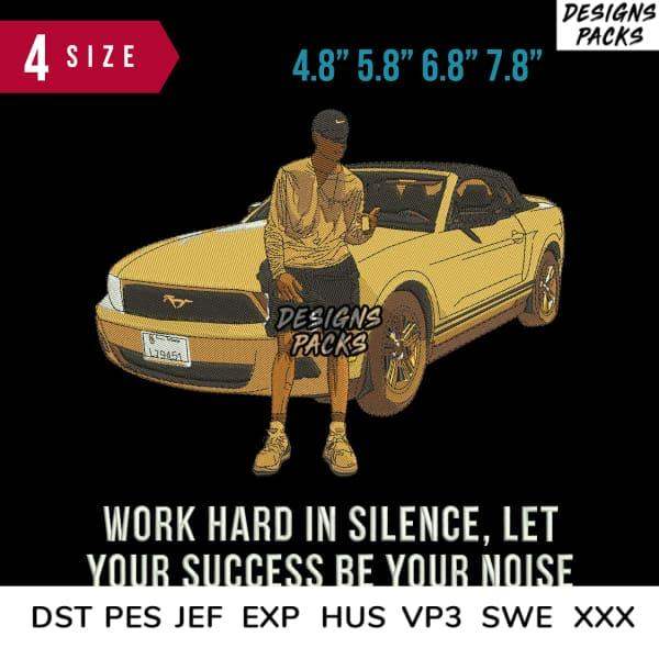 Embroidery design of man leaning on yellow Mustang with motivational quote, available in multiple sizes and formats.