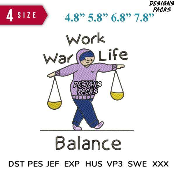 Work Life Balance embroidery design with scales, 4 sizes, DST PES JEF formats for instant download
