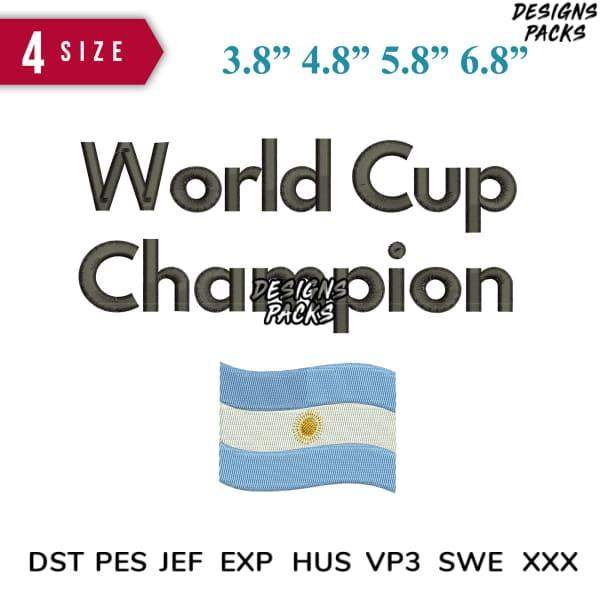 World Cup Champion embroidery design with Argentina flag, available in 4 sizes & multiple formats
