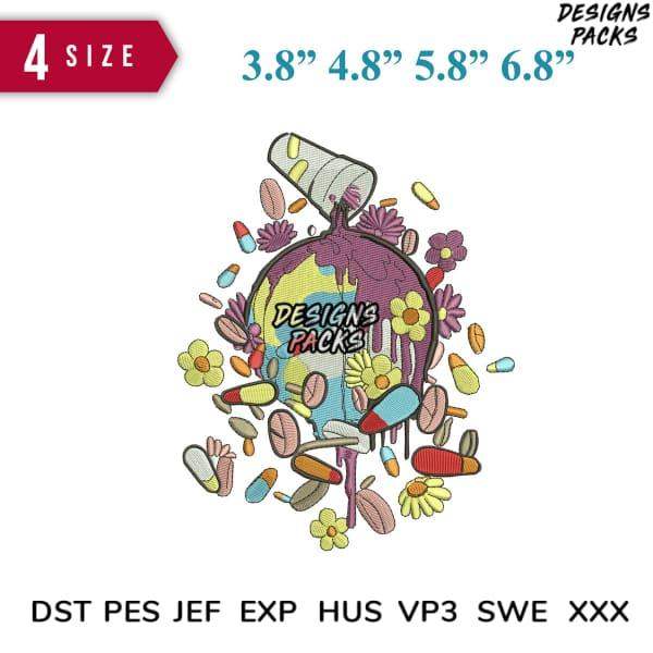 Embroidery design with colorful pills, flowers, and globe in 4 sizes. DST, PES, JEF formats.