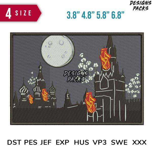 Halloween castle embroidery design with moon & flames, 4 sizes, DST PES JEF formats