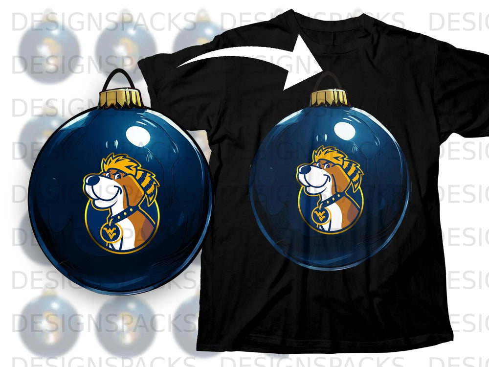 A blue ornament with a dog mascot on a black t-shirt.