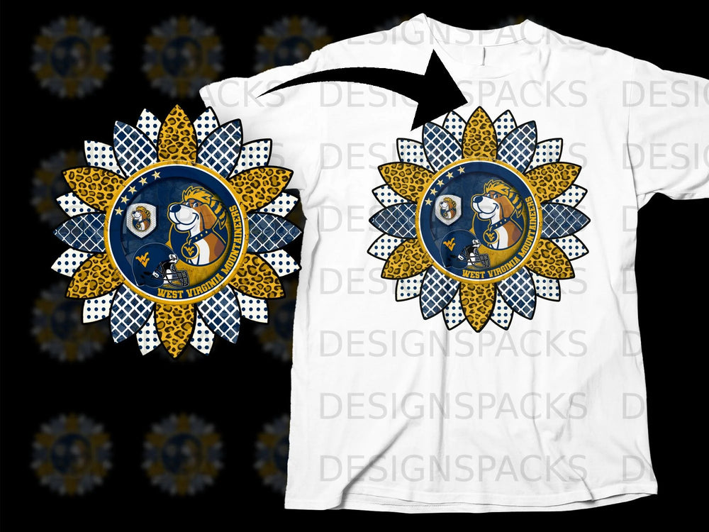 West Virginia Mountaineers dog mascot in a sunflower design on a white t-shirt.