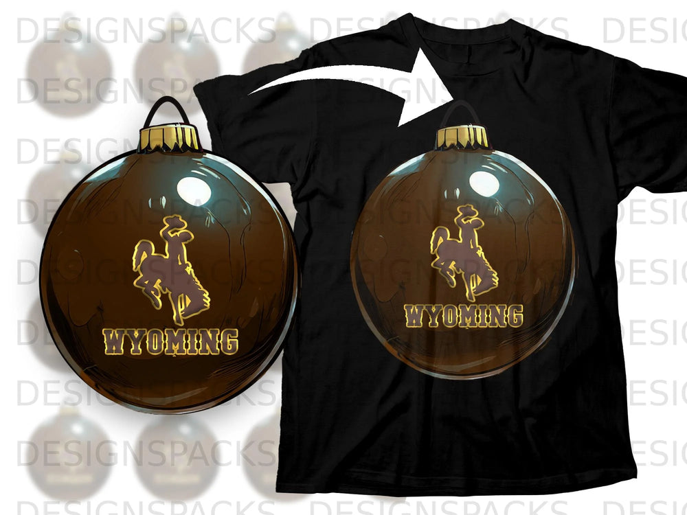 Brown ornament with cowboy and "WYOMING" on black t-shirt.