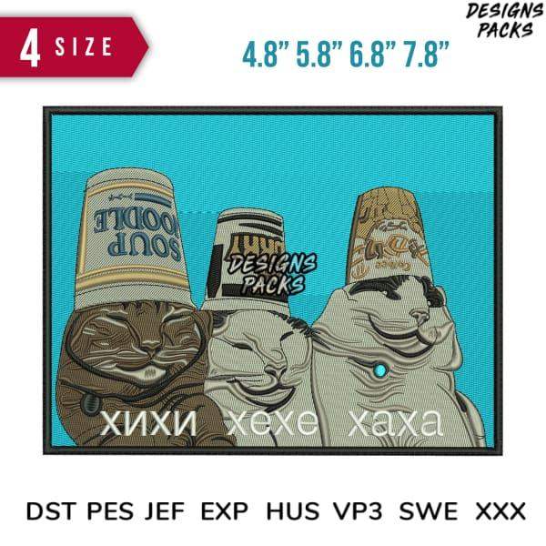 Funny cat embroidery design with noodle cups, available in PES, DST, EXP formats, 4 sizes