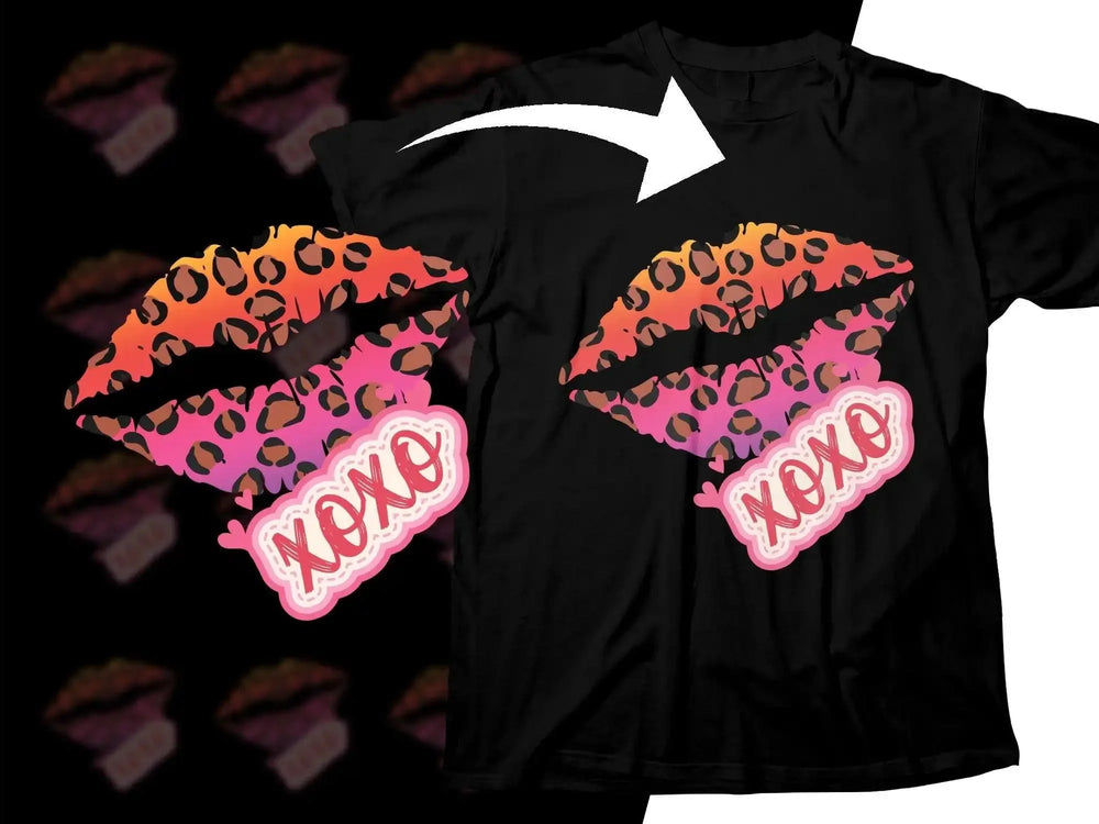 Leopard print lips with XOXO text on black t-shirt, vibrant gradient design for DTG printing