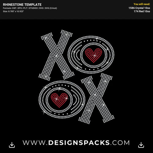 XOXO Love Hearts Valentine Graphic Rhinestone Digital Template