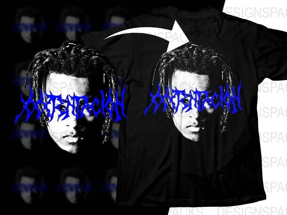 Black t-shirt with blue gothic text and monochrome portrait design, ideal for DTG printing.