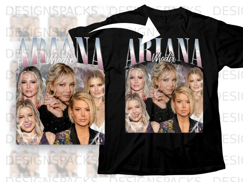 Collage of women with text "ARIANA Madix" on a black t-shirt.