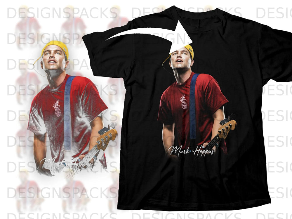 Black t-shirt with graphic of Mark Hoppus holding a bass guitar.