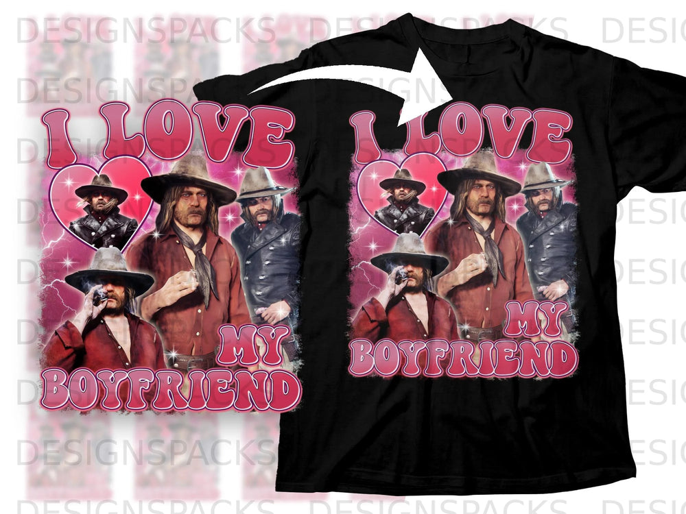 Black t-shirt featuring "I Love My Boyfriend" text with distressed vintage graphics.