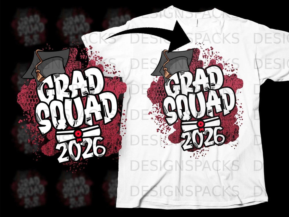 White t-shirt with "Grad Squad 2026" text and graduation cap graphic.