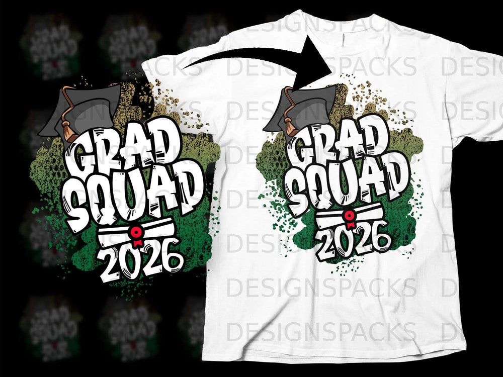 "Grad Squad 2026" text with graduation cap and diploma graphics.