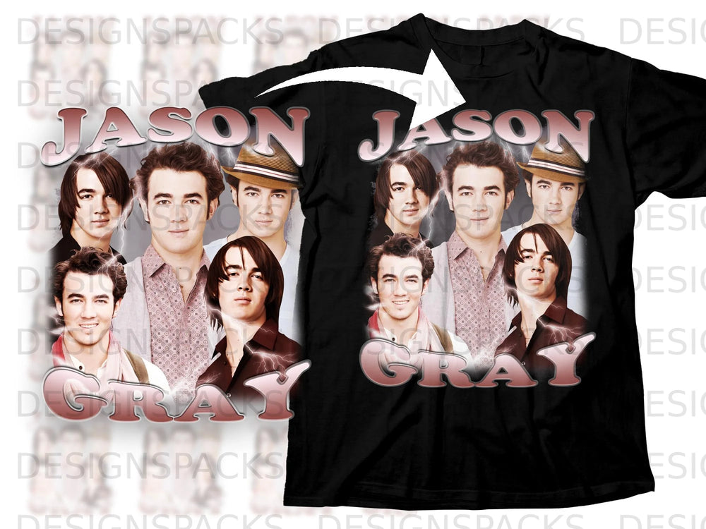 Black t-shirt with "JASON GRAY" in pink metallic font and images of four young men.