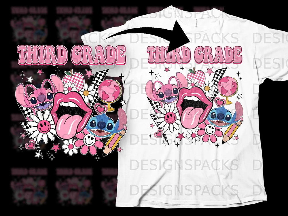 Pink glitter text "THIRD GRADE" with cartoon Stitch, lips, and flowers.