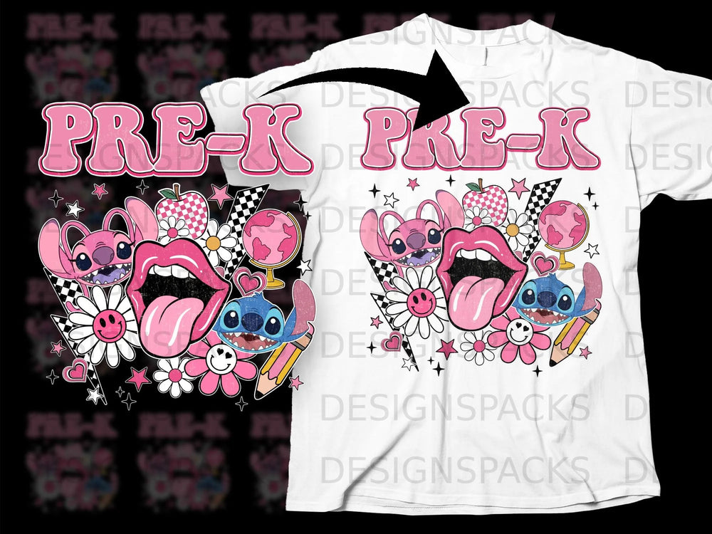 Pink "PRE-K" text with cartoon characters, flowers, and a globe.