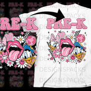 Pre-K graphic with cartoon ducks, lips, flowers, checkered flags, and globes.