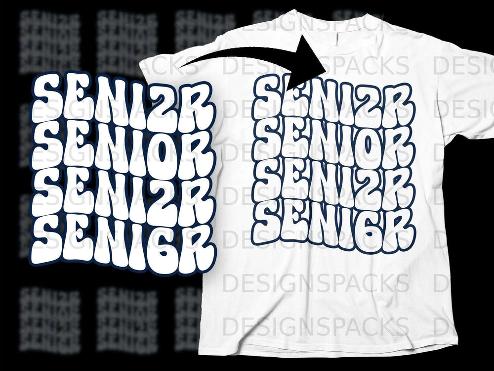 White t-shirt with navy blue "SENIOR" text repeated in a wavy retro font.