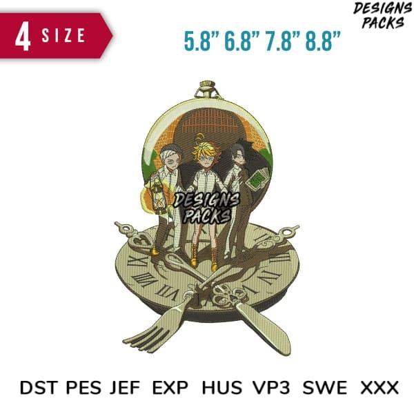 Anime-style embroidery design featuring 3 characters in pocket watch, available in PES, DST, JEF formats