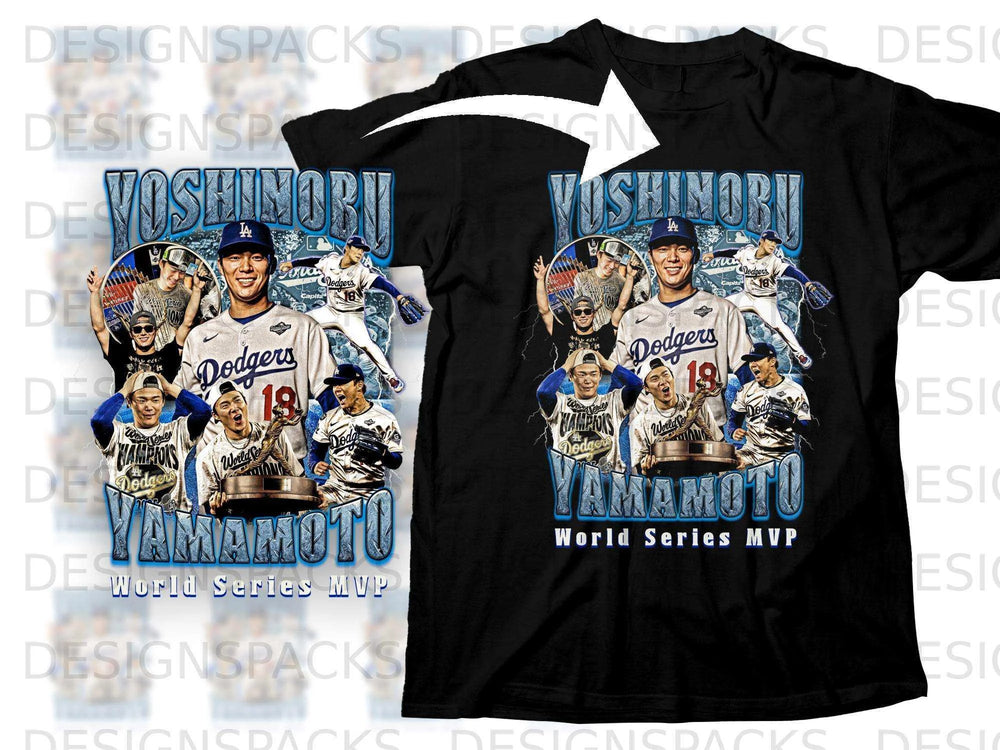 Black t-shirt featuring Yoshinobu Yamamoto with "World Series MVP" text.