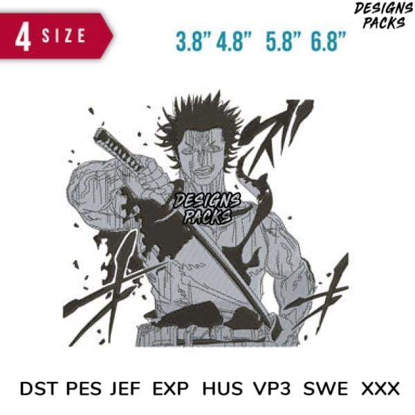 Anime samurai warrior design for embroidery, available in 4 sizes & formats like PES, DST, EXP