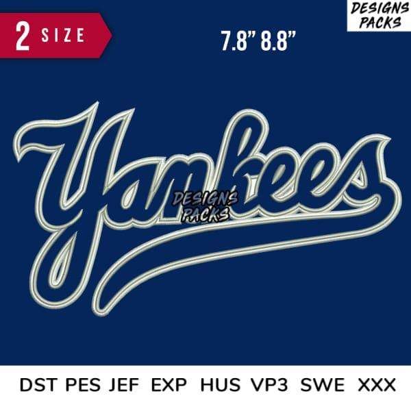 Yankees script embroidery design in 7.8” x 8.8” size, compatible with DST PES JEF formats for instant download.