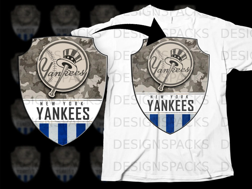 New York Yankees shield logo with camouflage and blue stripes, on white t-shirt.