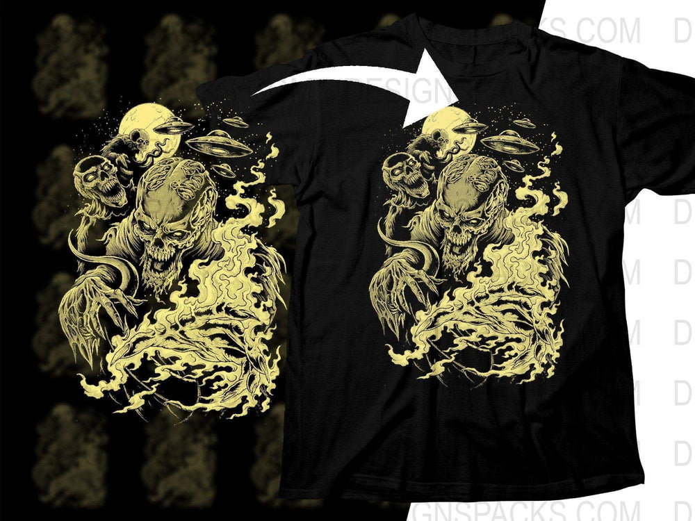 Yellow Skull And Flames Artwork Rocked Png Halftone Digital Download