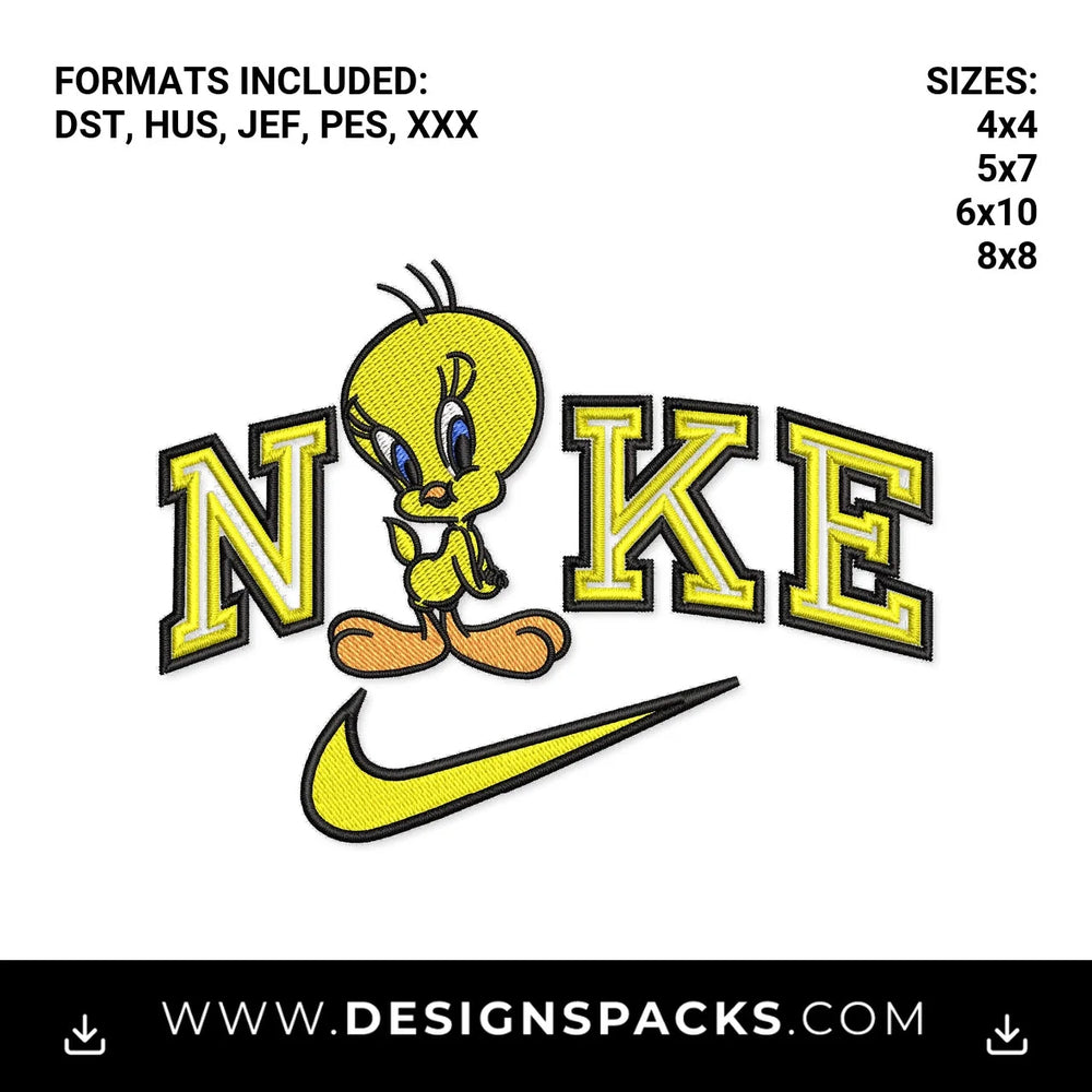 Yellow Tweety Bird Nike Swoosh Logo Embroidery Design - Instant digital download pattern at Designspacks.com