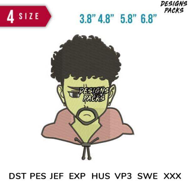 Embroidery design of cartoon man with afro, beard, hoodie — available in 4 sizes & formats like PES, DST, EXP