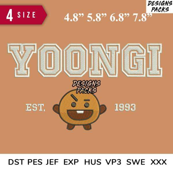 Yoongi embroidered design with 4 sizes, EST 1993, in DST PES JEF formats for instant download