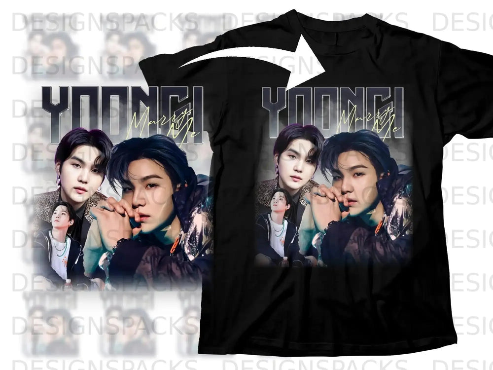 BTS Suga graphic t-shirt with collage of photos and text.