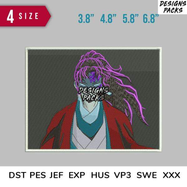 Anime-style embroidery design with purple hair, red coat, available in 4 sizes & multiple formats