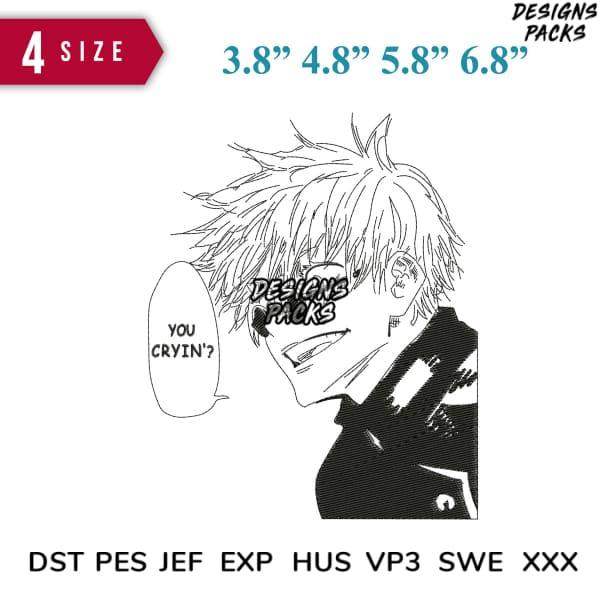 Anime character design with 'You cryin'?' speech bubble, available in 4 sizes for embroidery & DTF/DTG, PNG/SVG formats