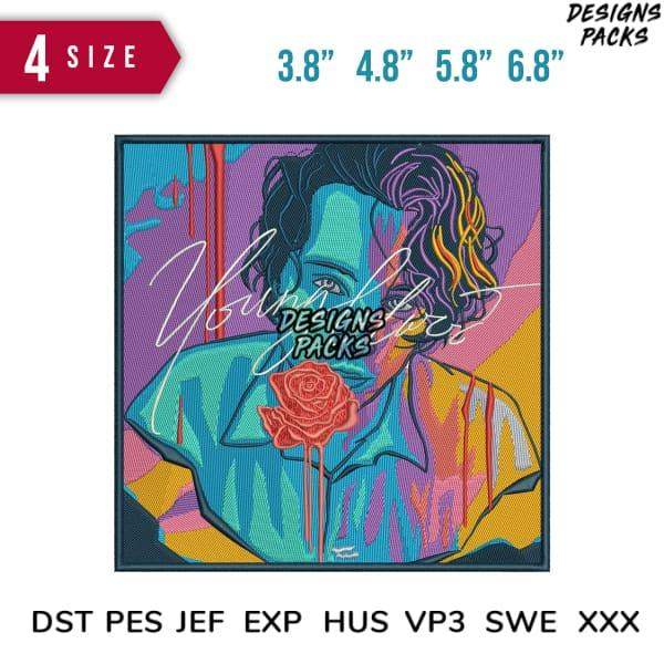 Vibrant embroidery design of man with rose, available in 4 sizes & multiple formats for DTG/DTF printing