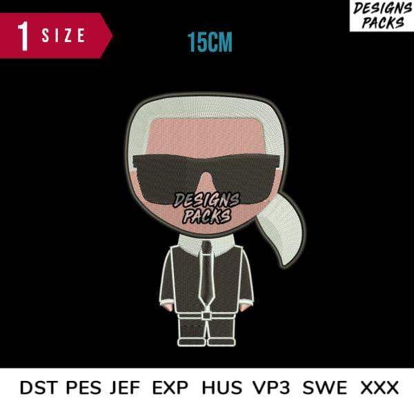 Embroidery design of cartoon figure with sunglasses, 15cm size, compatible with DST PES JEF formats