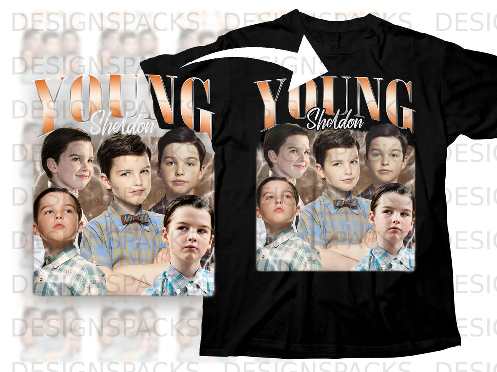 Young Sheldon title with collage of young Sheldon Cooper characters on black t-shirt.