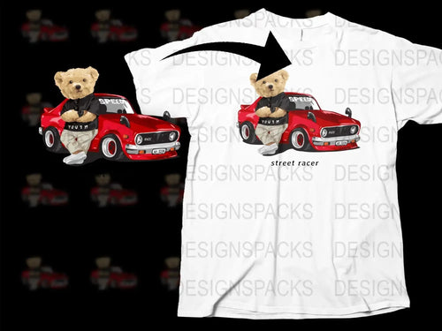 Youth Street Racer Bear with Red Car Art Png Digital Download