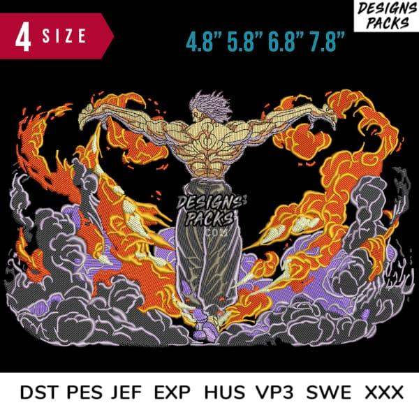 Fiery dragon embroidery design with muscular warrior, available in DST PES JEF formats for instant download