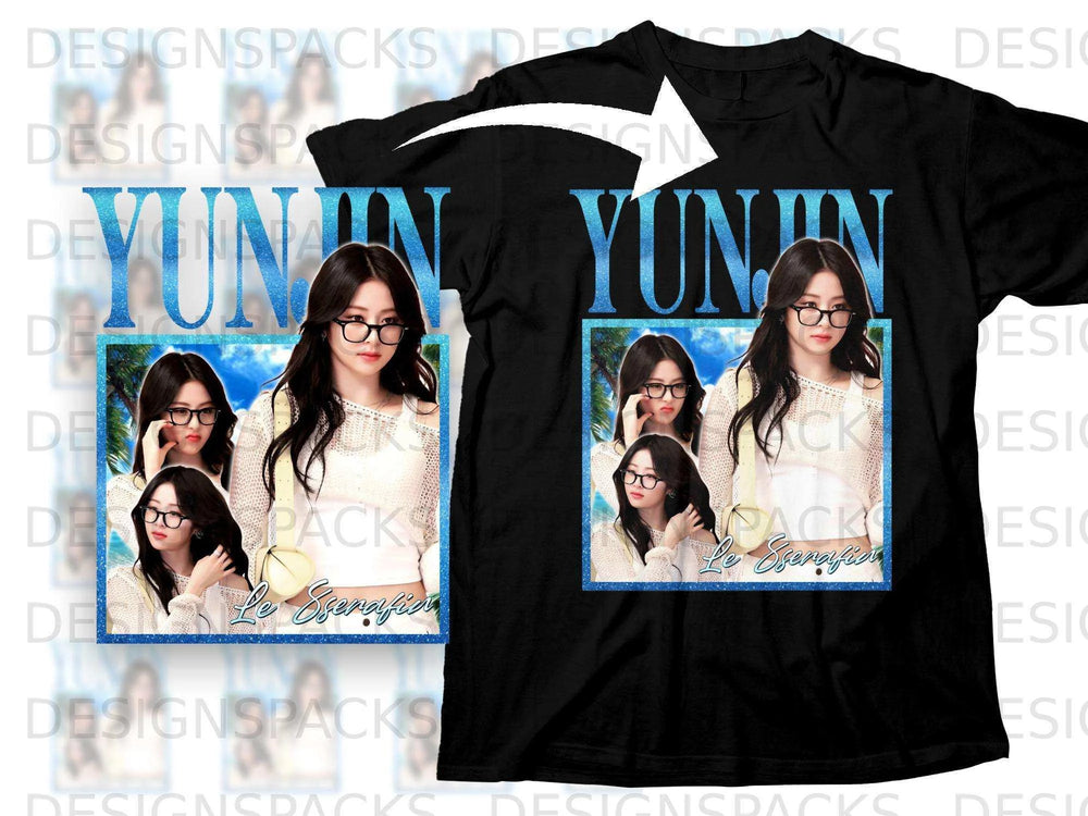 Black t-shirt with graphic of a woman in glasses and text.