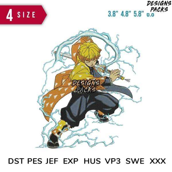 Anime character with lightning effects, embroidery design for DTF/DTG, available in multiple sizes and formats
