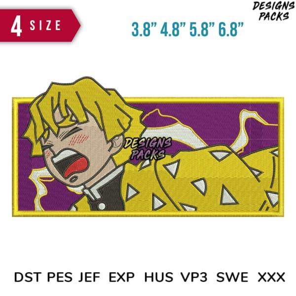 Embroidery design of anime character in yellow outfit, available in multiple sizes and formats