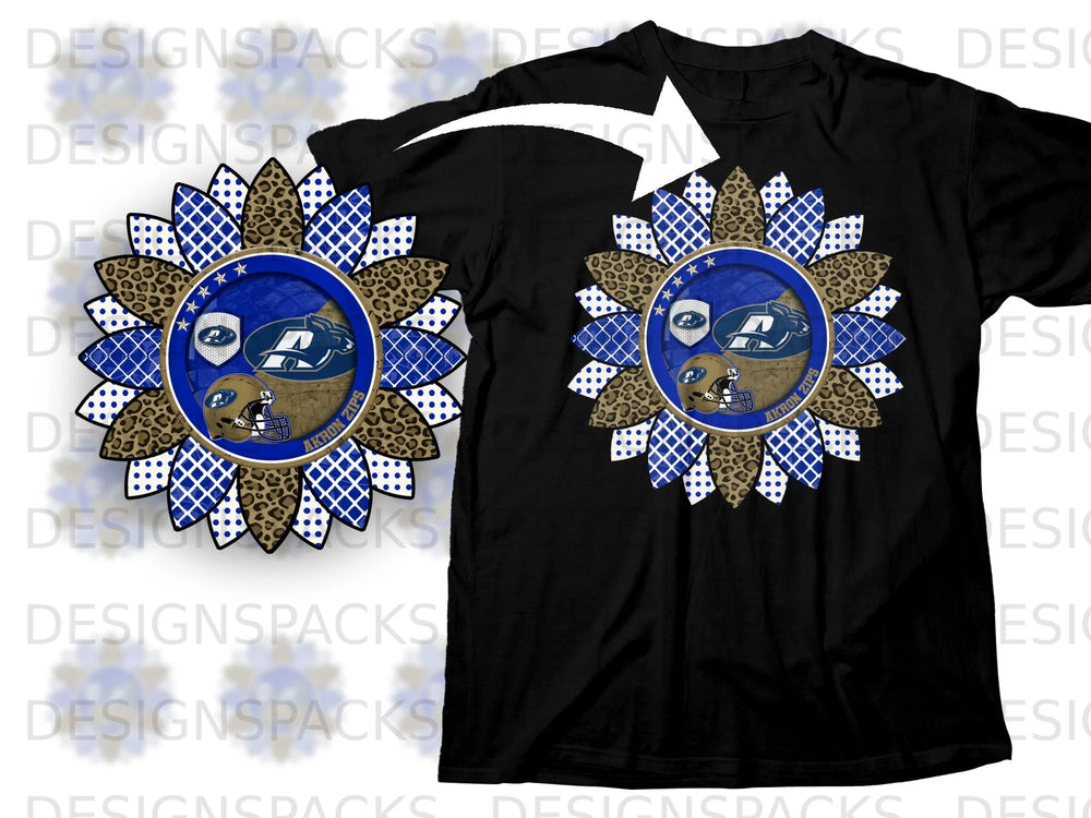 Sunflower graphic with Akron Zips logo and football helmet on black t-shirt.