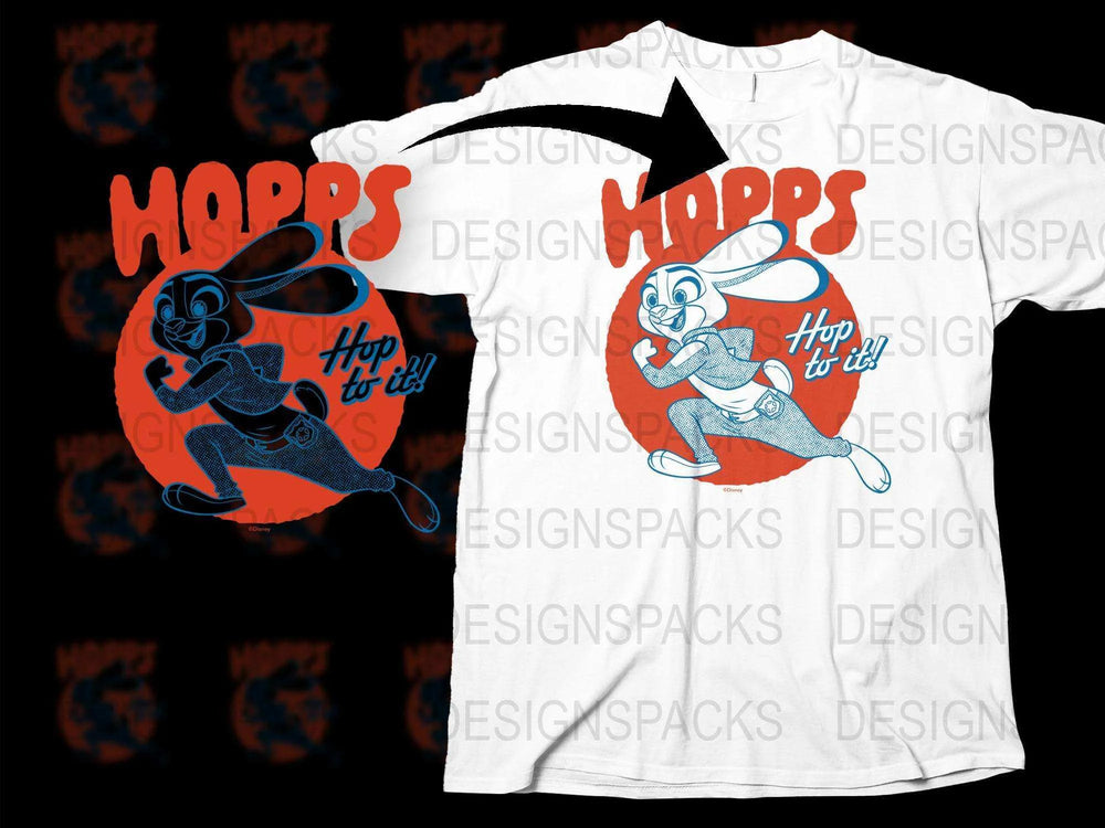 Animated Rabbit Graphic T-Shirt, Hopps Hop To It Cartoon Bunny Tee, Kids and Adult Sizes Available